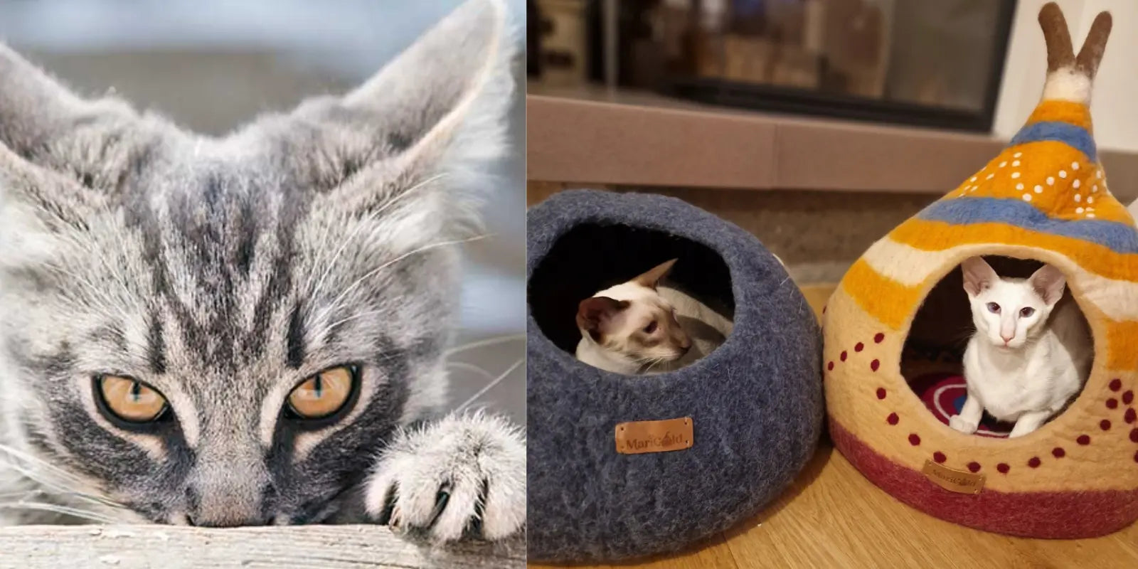 Grotte pour chat MariGold conçue pour calmer le stress félin grâce à sa forme cocon et sa laine douce et rassurante.