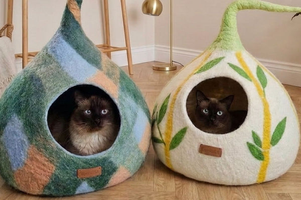 Deux chats installés dans des grottes pour chat en laine de mouton feutrée MariGold