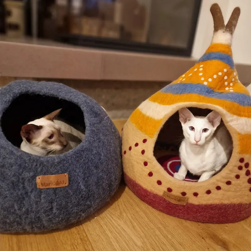 Grotte et maison decoration pour chat tepee en feutre de laine – abri maison et panier douillet