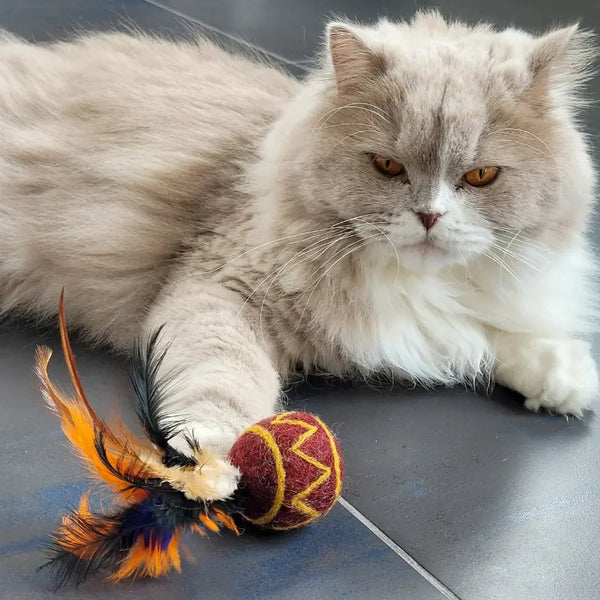 Balle pour chat en laine feutrée avec plumes – divertissement garanti