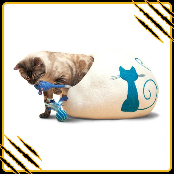 Grotte et maison decoration pour chat aquas en feutre de laine – abri et panier douillet