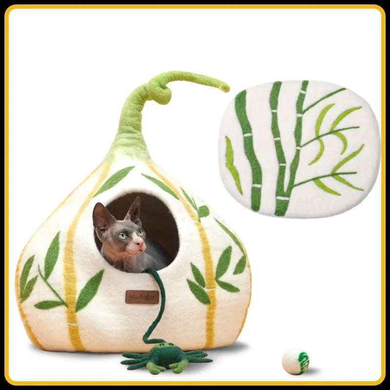 Grotte et maison pour chat bambou-pack en feutre de laine – abri et panier douillet
