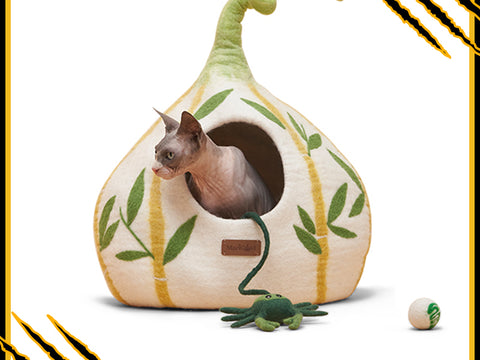 Grotte et maison decoration pour chat bambou en feutre de laine – abri et panier douillet