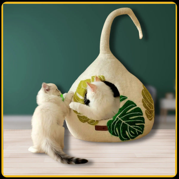 Grotte et maison decoration pour chat leaf en feutre de laine – abri et panier douillet