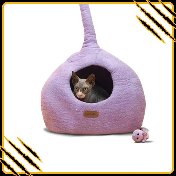 Grotte et maison decoration pour chat lilas-curve en feutre de laine – abri et panier douillet