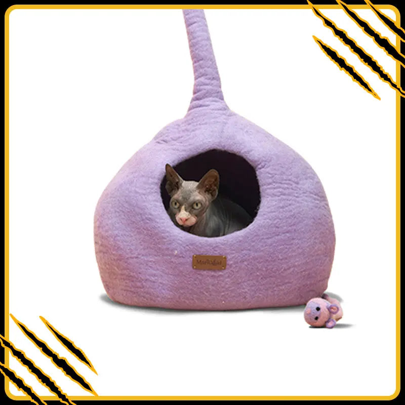 Grotte et maison decoration pour chat lilas-curve en feutre de laine – abri et panier douillet