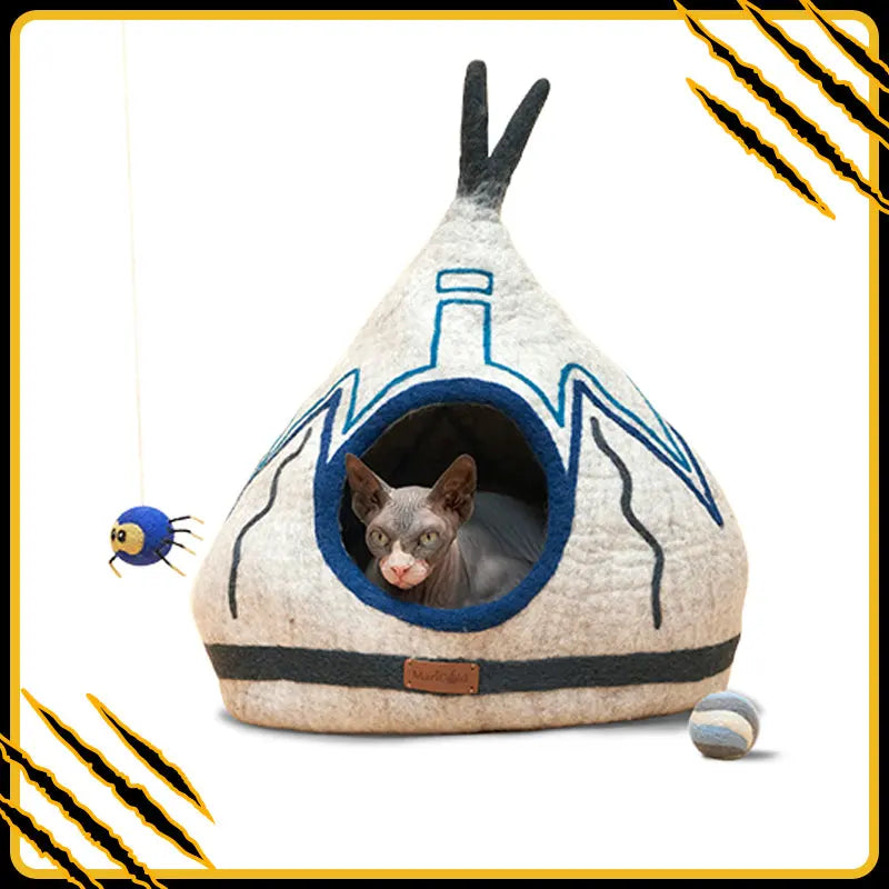 Grotte et maison decoration pour chat raven en feutre de laine – abri et panier douillet