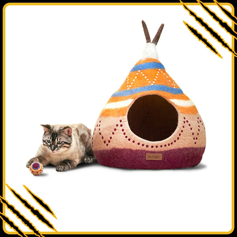 Grotte et maison decoration pour chat tepee en feutre de laine – abri et panier douillet